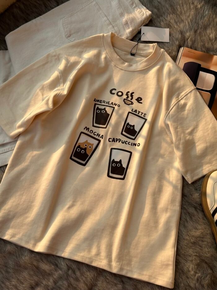 Oversized American Retro Cat Coffee T-Shirt - Cream White