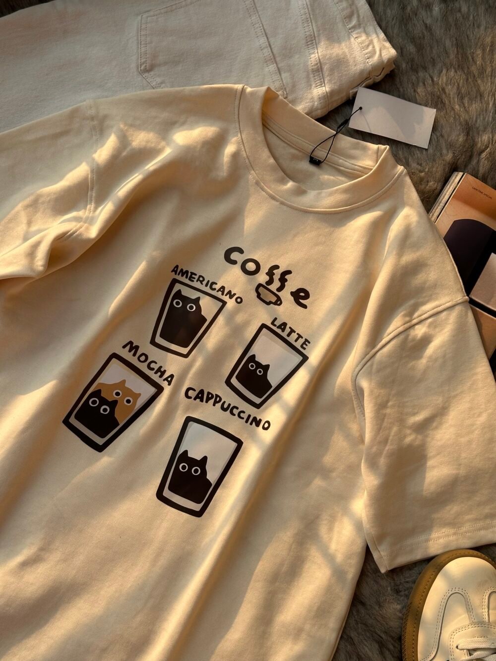 Oversized American Retro Cat Coffee T-Shirt - Image 3