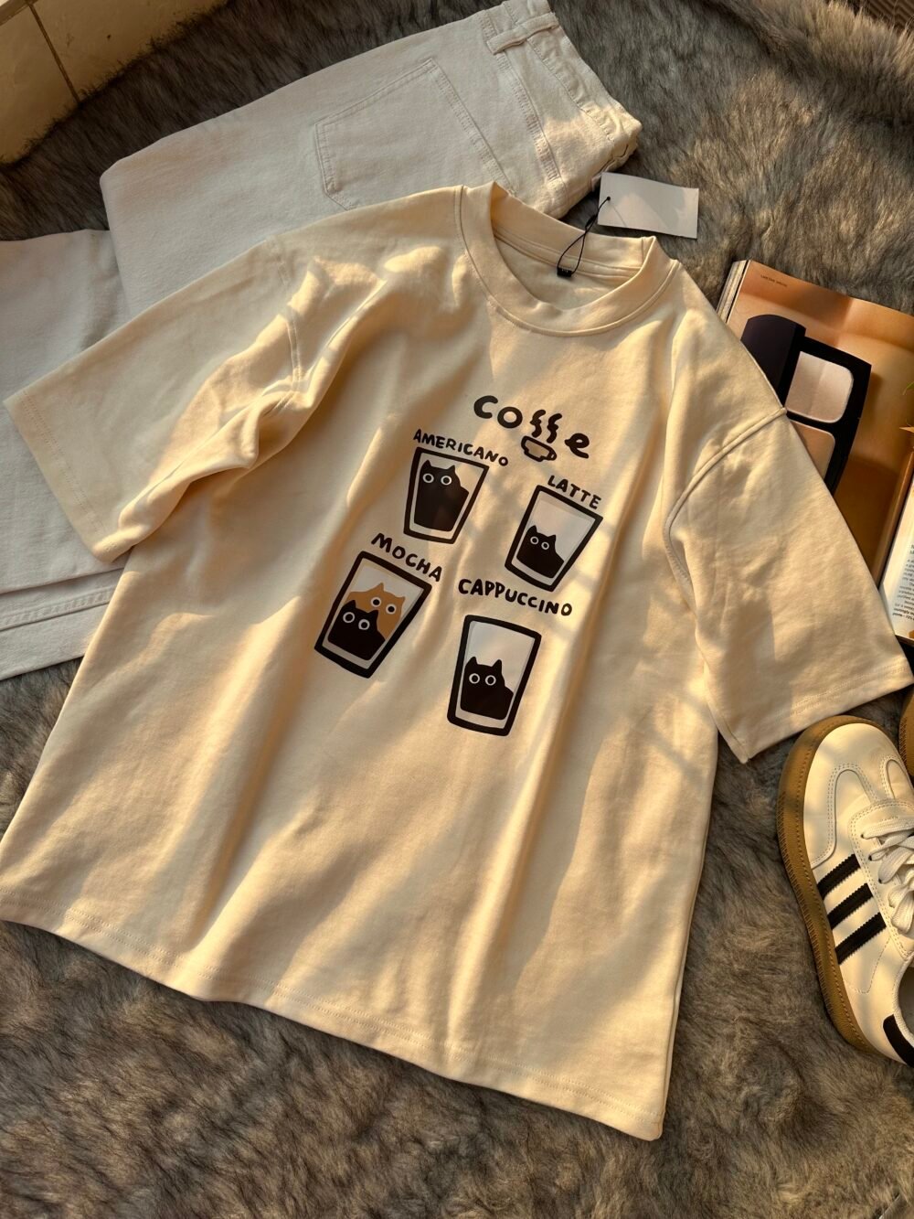 Oversized American Retro Cat Coffee T-Shirt