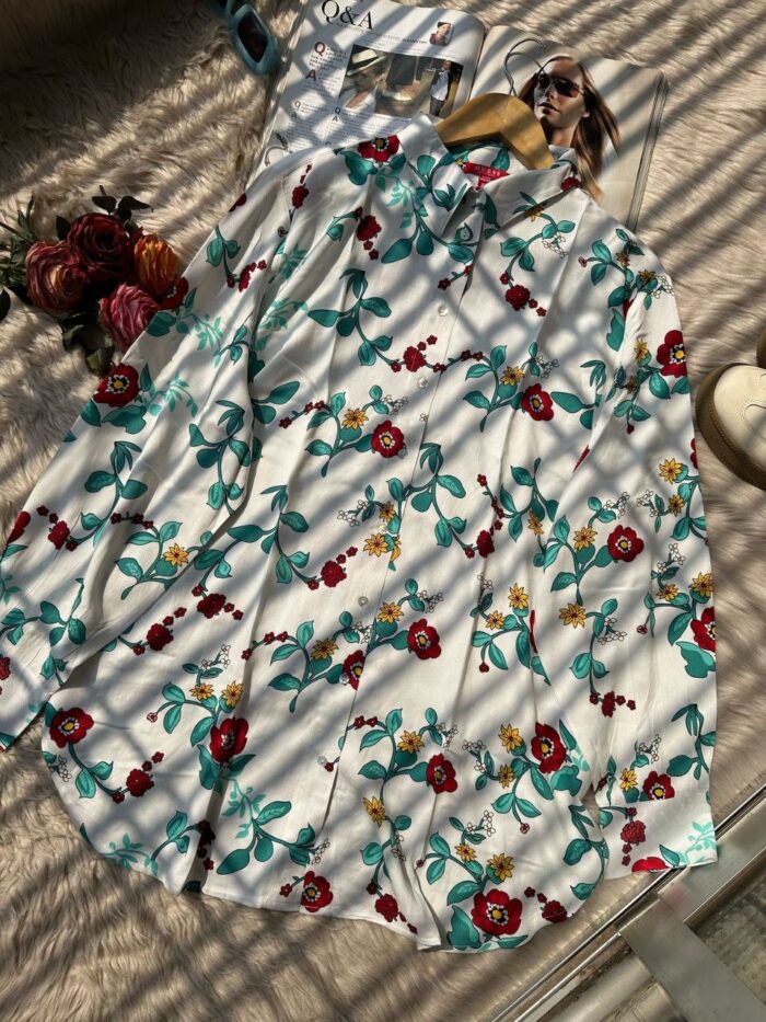 Casual White Cotton Floral Shirt
