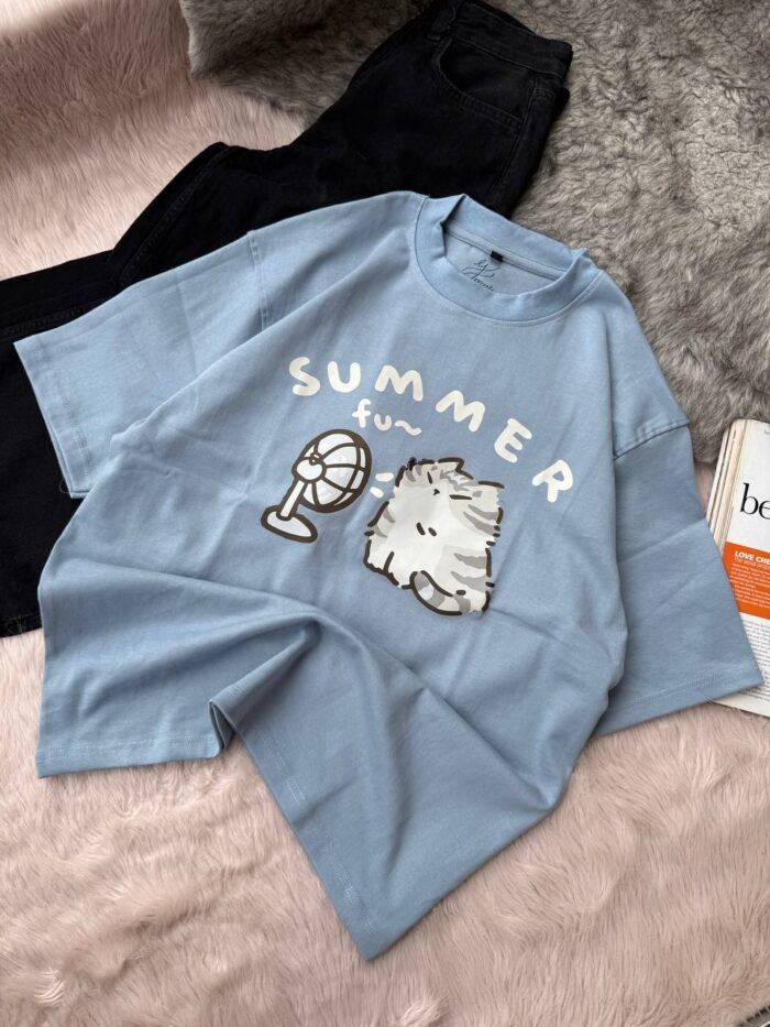 Summer Kitty Oversized Drop Shoulder Tee - XL, Baby Blue