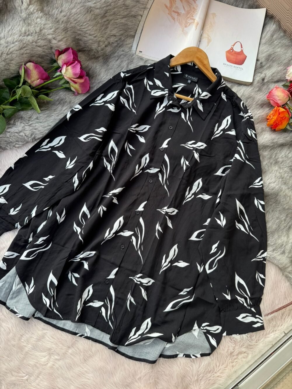 Black button-down shirt with white abstract leaf print, women's long sleeve top