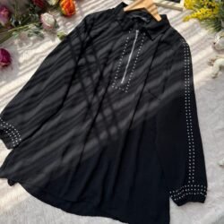 Women's black top with front zipper and stud detailing – stylish viscose top for casual and party wear