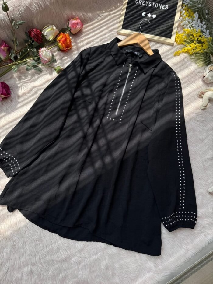 Women's black top with front zipper and stud detailing – stylish viscose top for casual and party wear