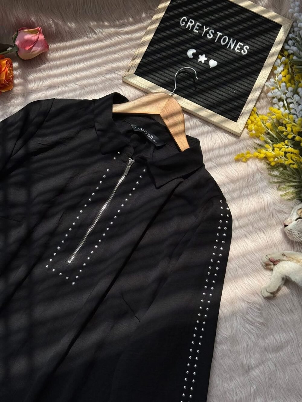 Women's black top with front zipper and stud detailing – stylish viscose top for casual and party wear