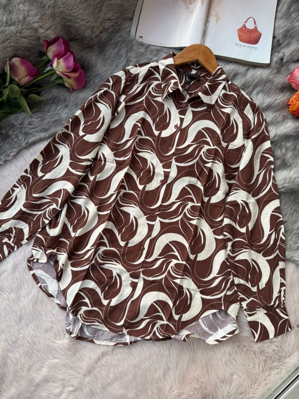 Brown and beige swirl print long sleeve button-down shirt for women, casual and artistic design.