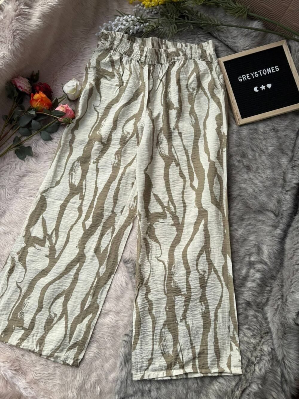 High Waist Comfy Cotton Trouser Pant Beige Print on White