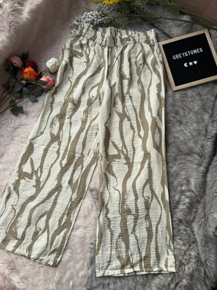 High Waist Comfy Cotton Trouser Pant Beige Print on White