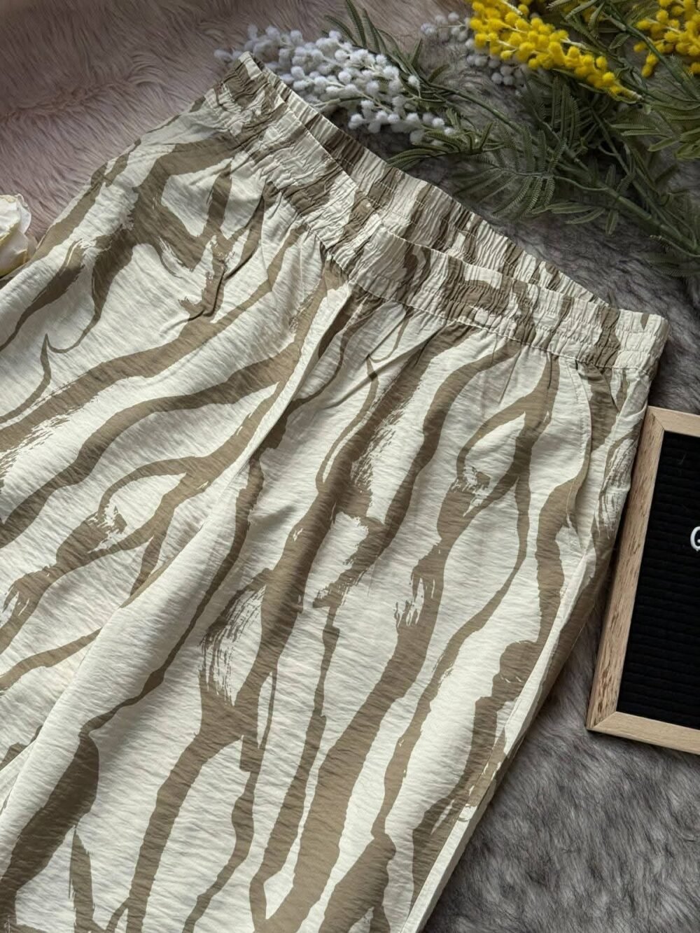 High Waist Comfy Cotton Trouser Pant Beige Print on White
