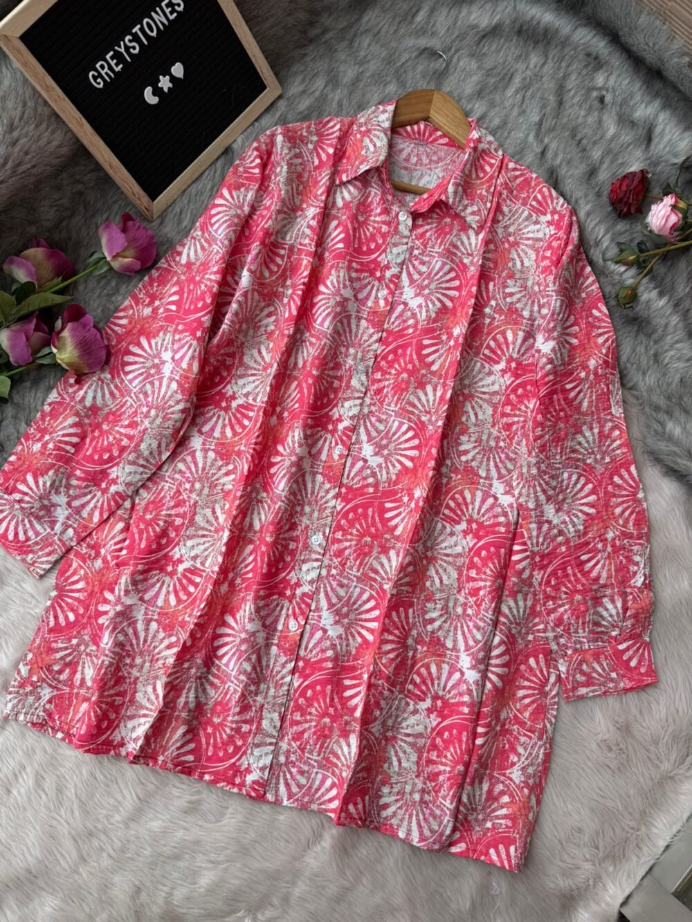 Coral red tropical print cotton shirt with white floral patterns, button-down style from Greystones collection