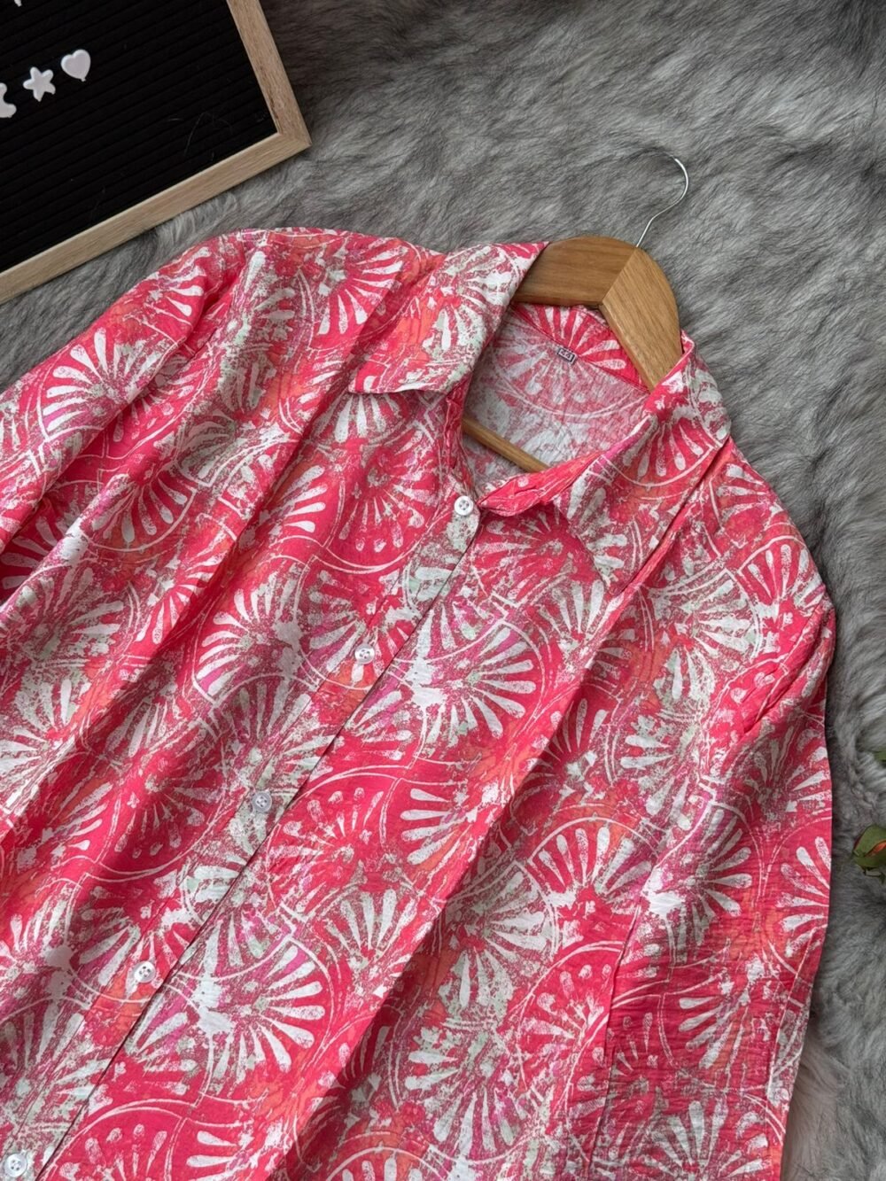 Coral red tropical print cotton shirt with white floral patterns, button-down style from Greystones collection