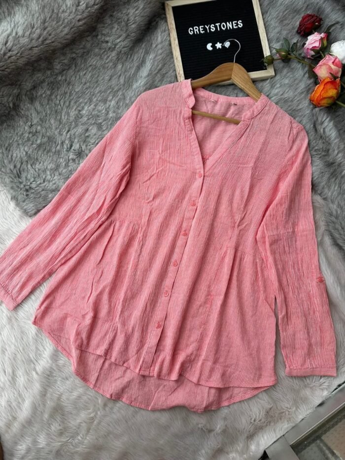 Crinkle Cotton Button-Down Tunic - Coral Pink, 50