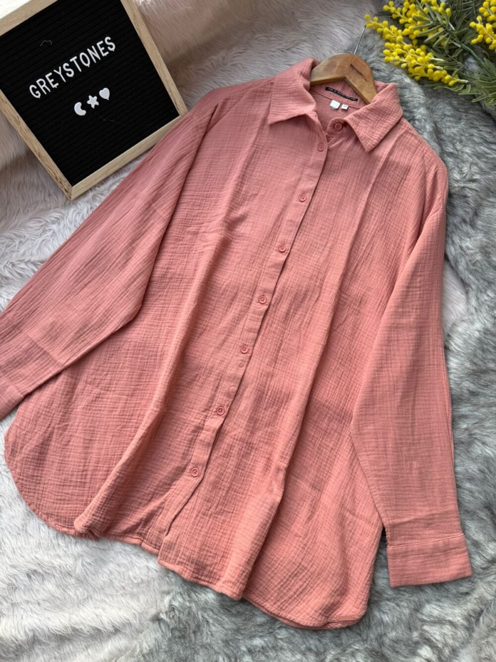 Dusty rose pink gauze shirt for women with lightweight texture, long sleeves