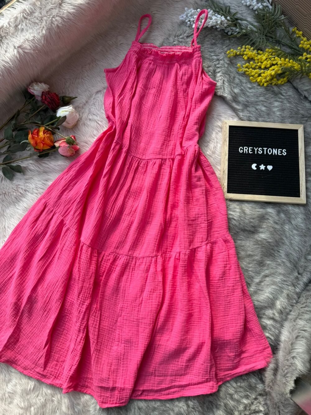 Hot Pink crinkled cotton sleeveless midi dress with adjustable straps