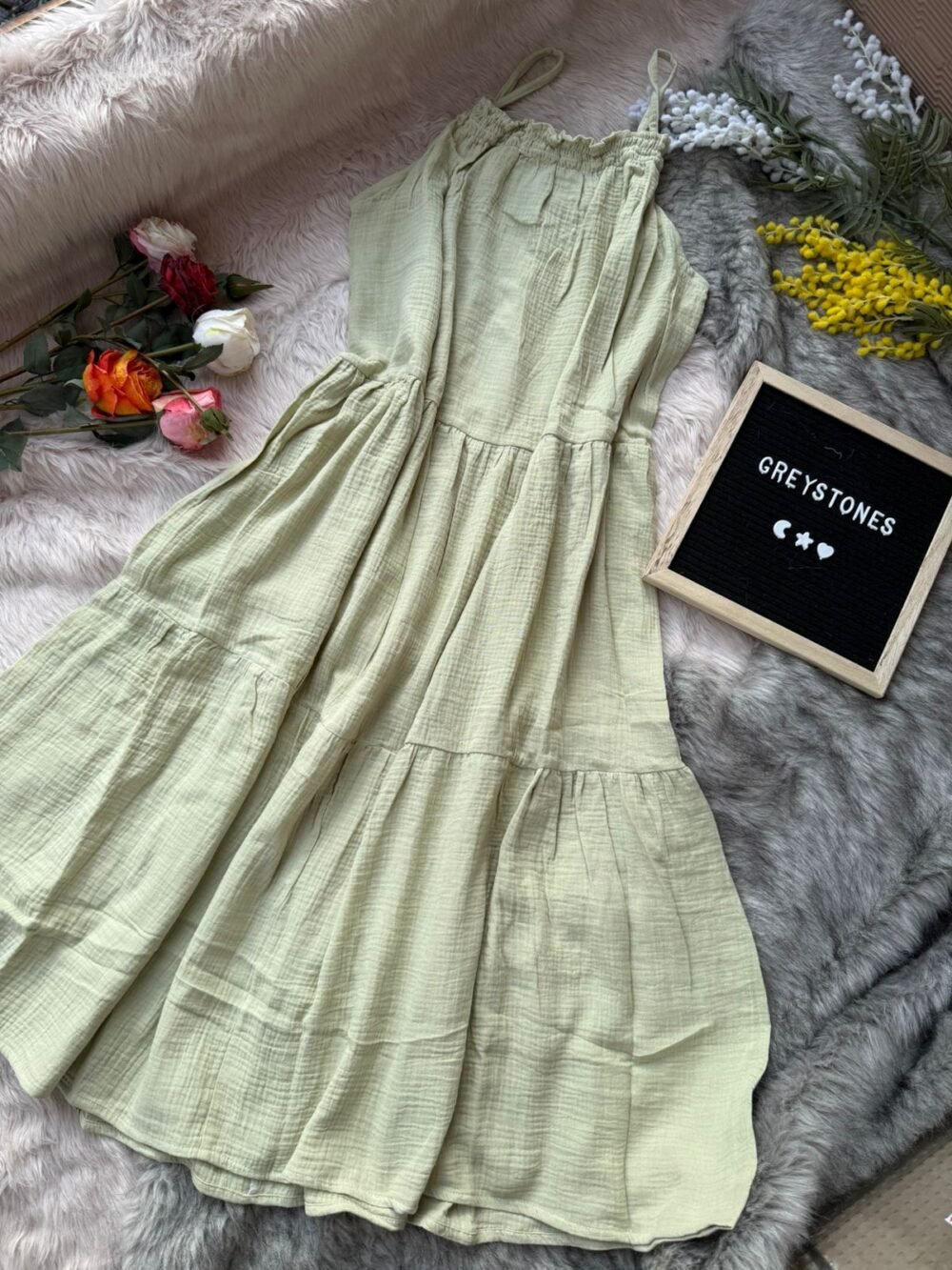 Lemon beige crinkled cotton sleeveless midi dress with adjustable straps