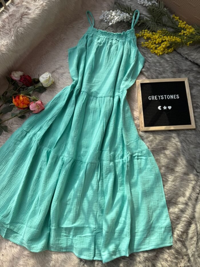 Mint green crinkled cotton sleeveless midi dress with adjustable straps