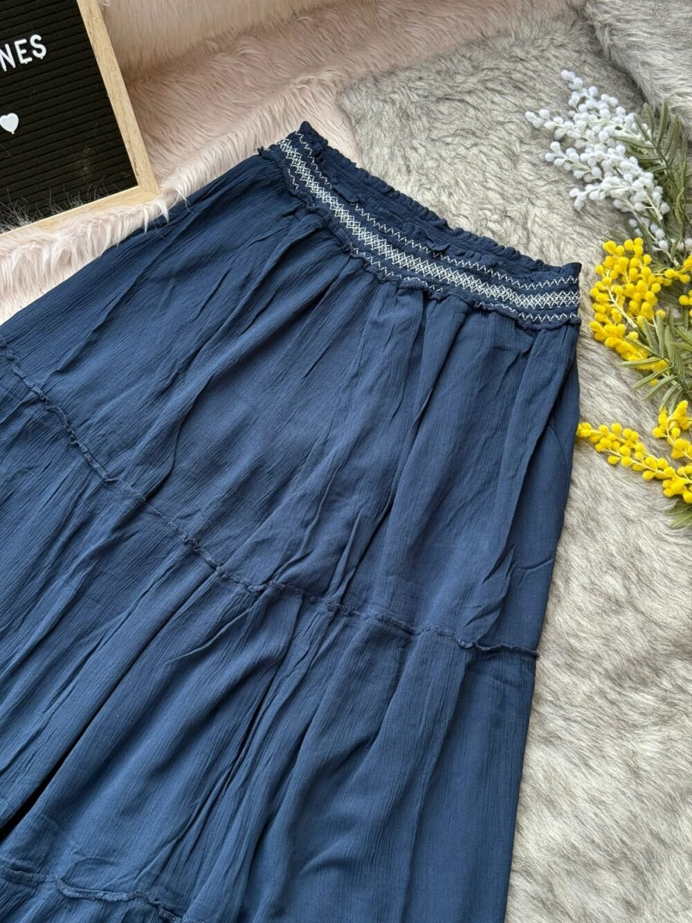 Navy Blue Crinkled Maxi Skirt Close Up