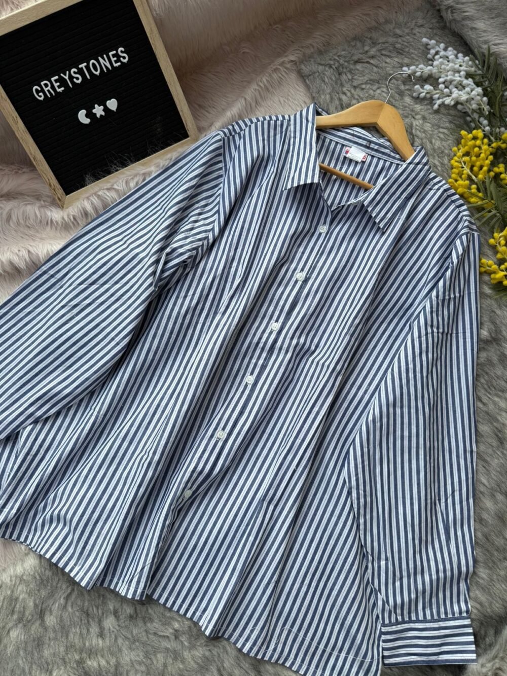 Navy blue and white striped cheese cotton shirt with button-down collar