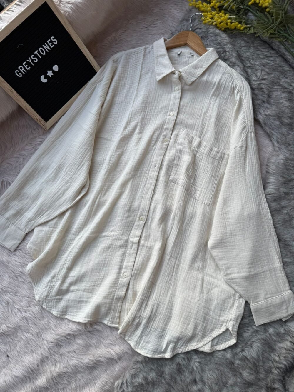 Ivory off-white breathable cotton shirt with classic collar and button front