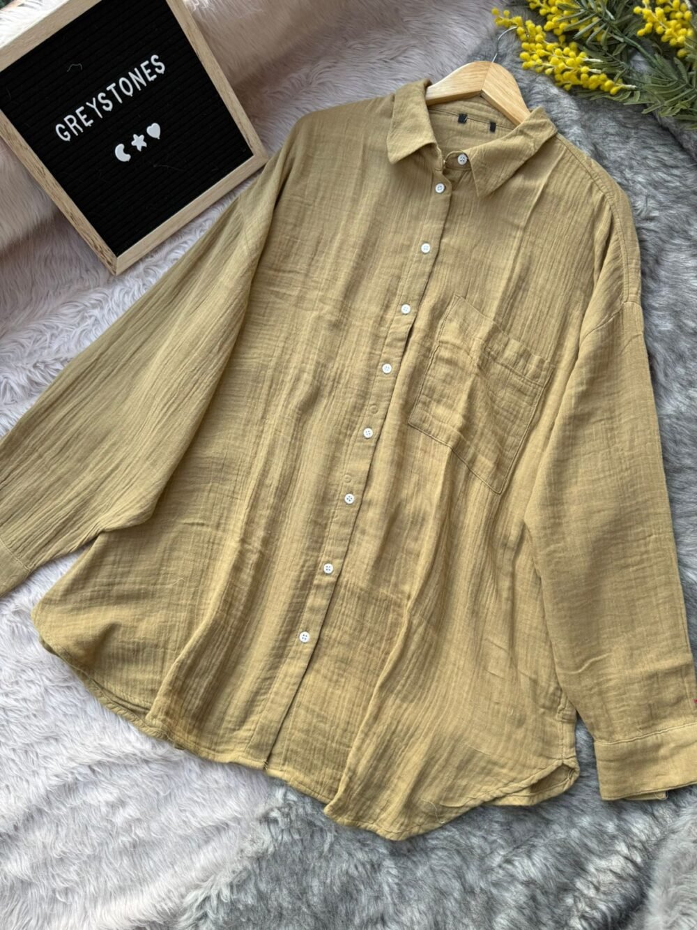 Olive brown cheese cotton shirt with long sleeves and button closure