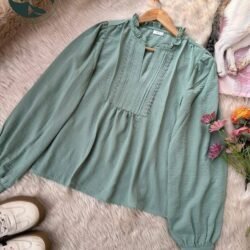 Paste green long sleeve blouse with ruffle neck and lace details laid flat