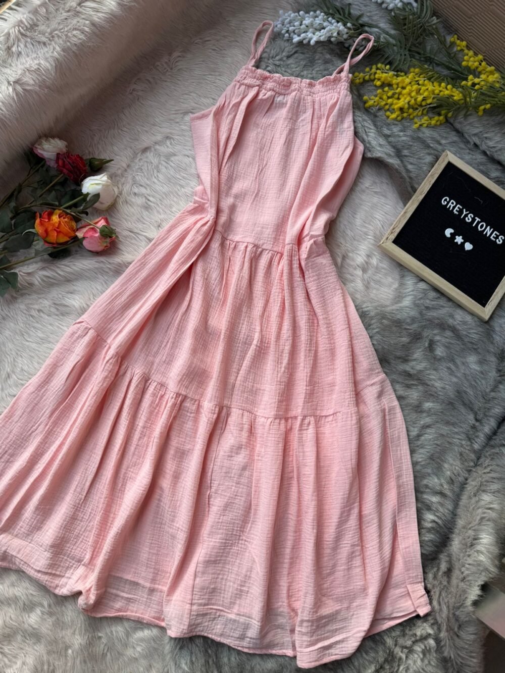 pastel pink crinkled cotton sleeveless midi dress