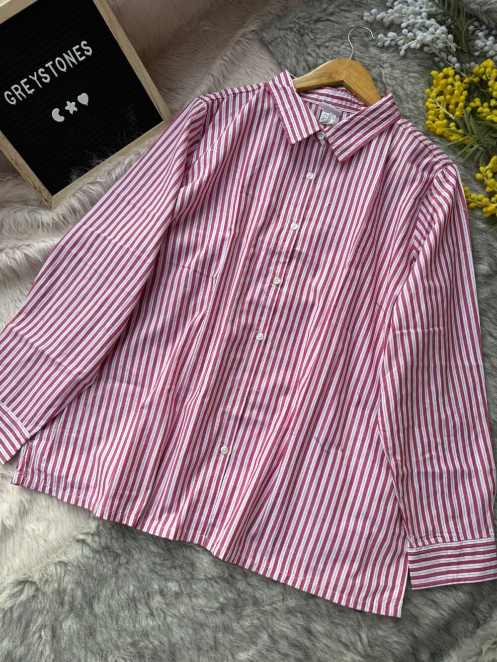 Pink and white striped button-down cheese cotton shirt