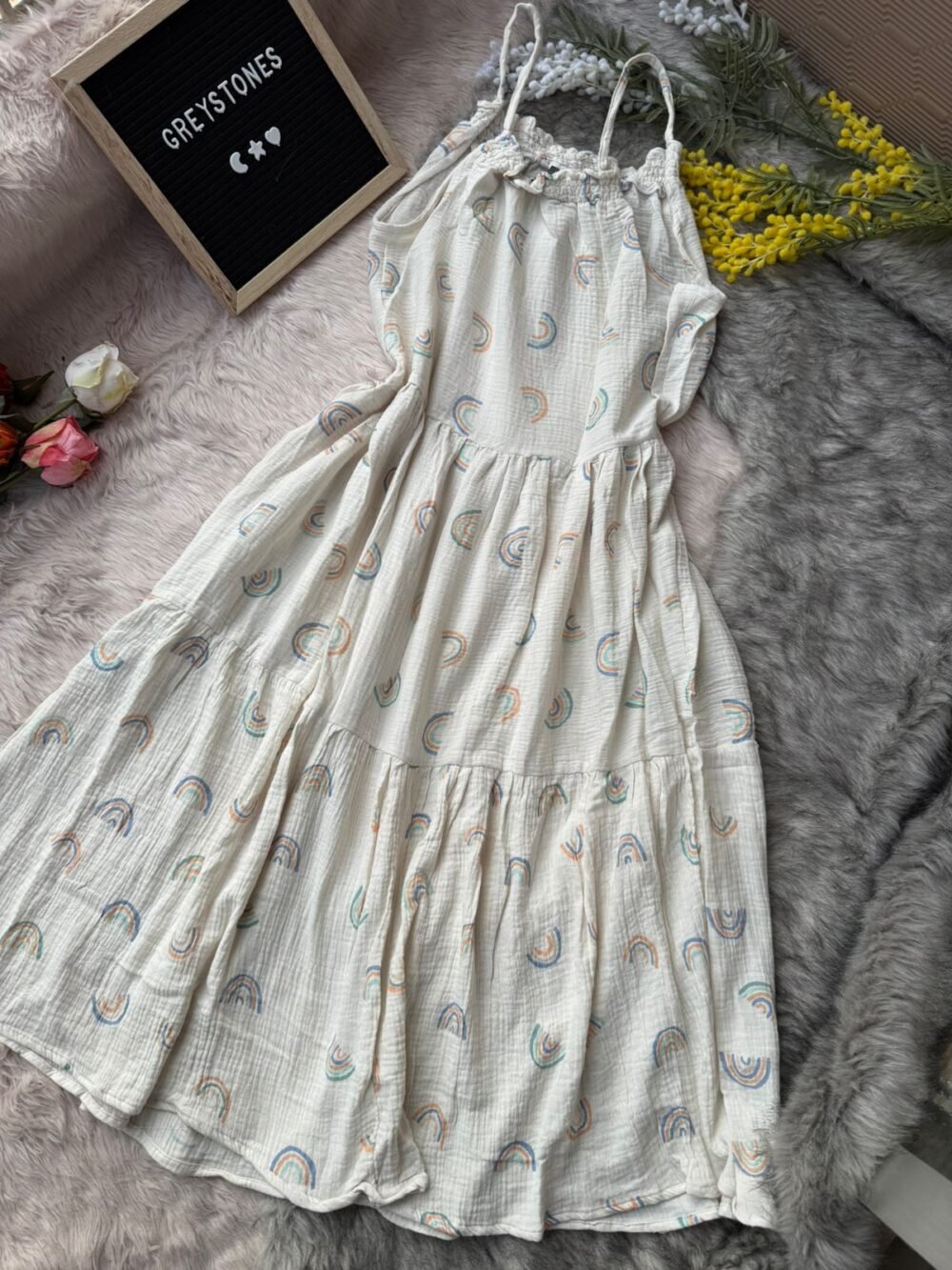 printed rainbow white crinkled cotton sleeveless midi dress