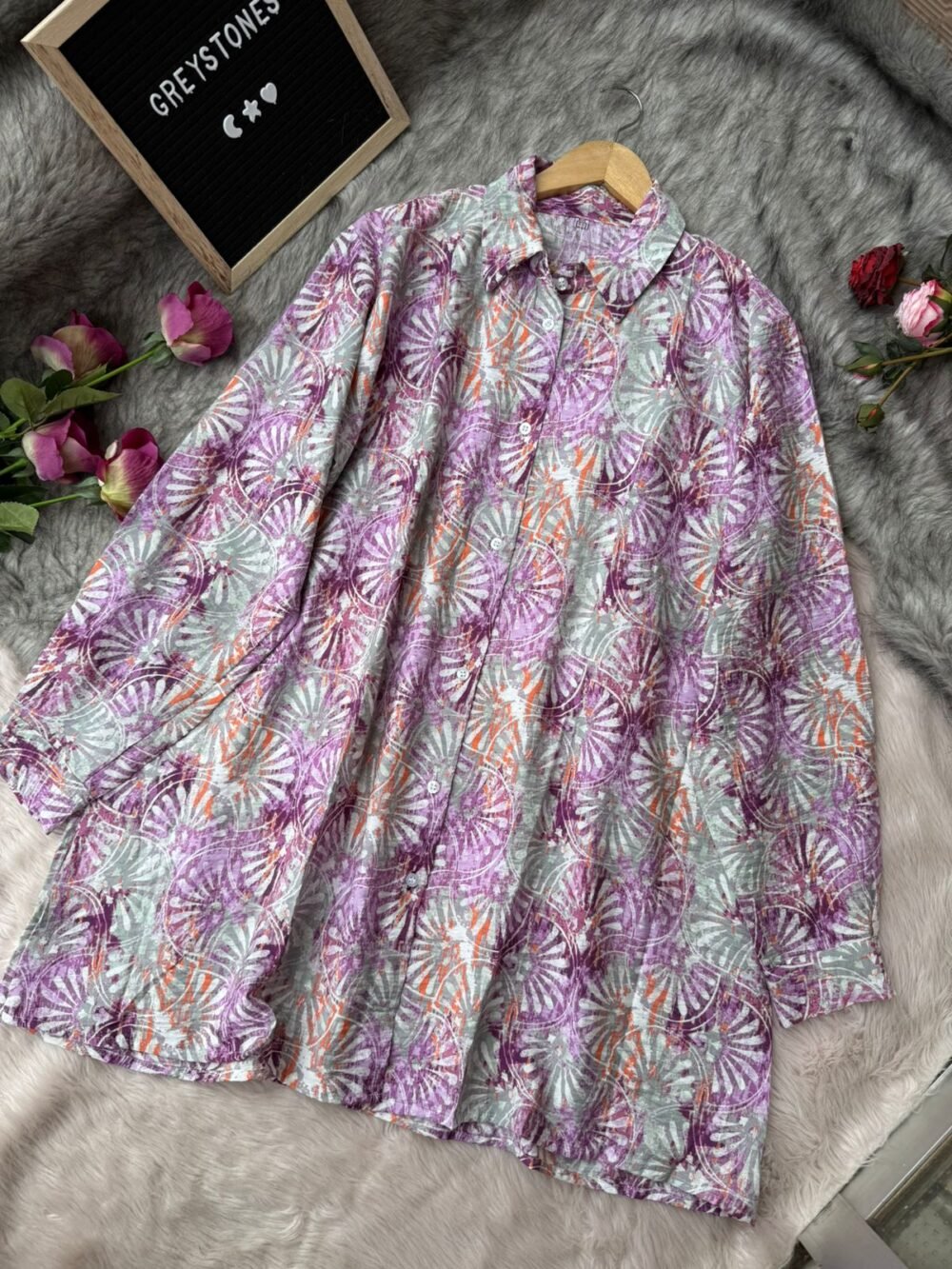 Purple tropical print cotton shirt with white floral patterns, button-down style from Greystones collection