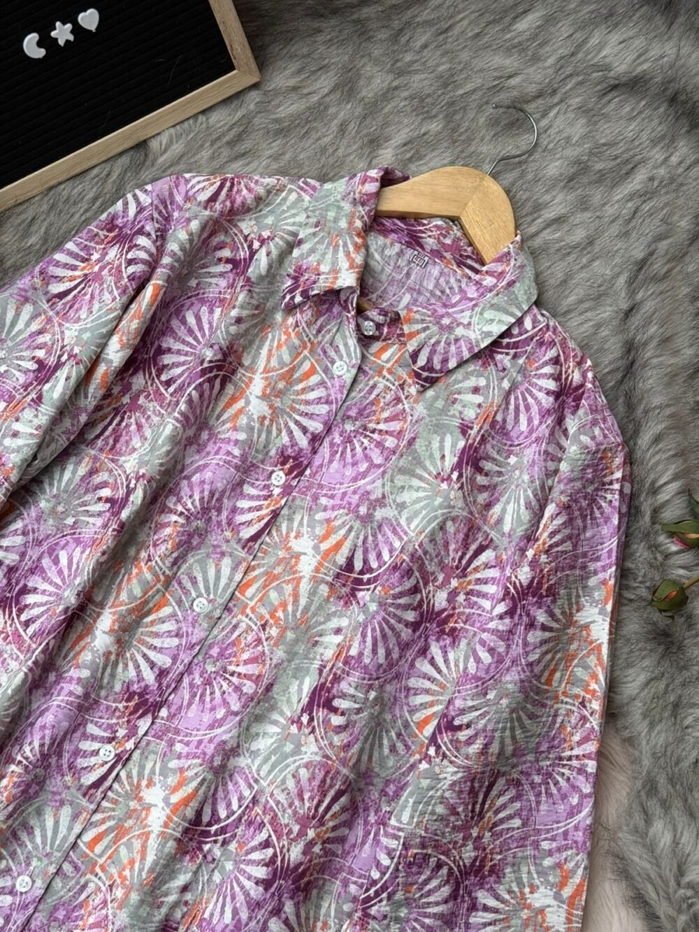 Purple tropical print cotton shirt with white floral patterns, button-down style from Greystones collection