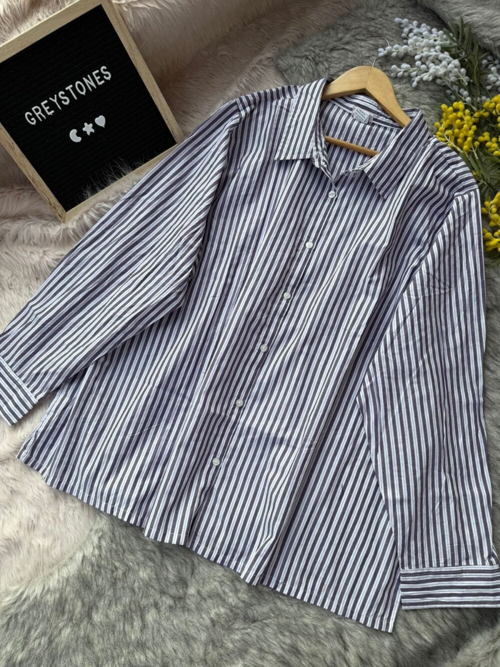 Purple and white striped cheese cotton button-down shirt