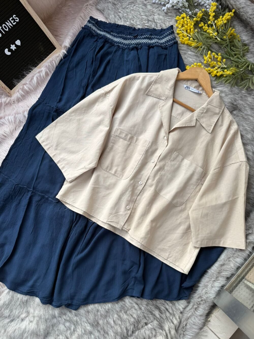 White Shirt & Navy Crinkled Skirt Paired