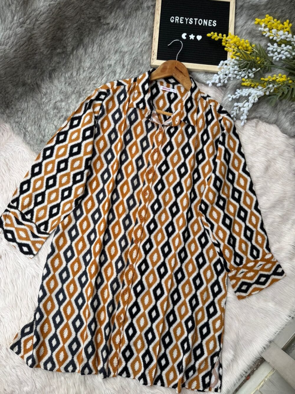 Burnt Orange & Black Semi-Long Cotton Shirt with Bold Geometric Print