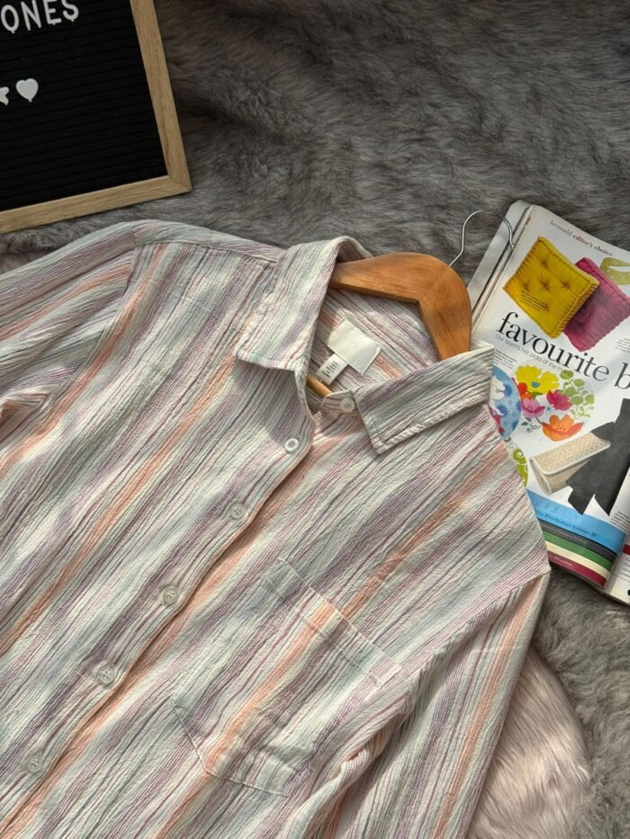 Unisex casual multicolor striped button-down cotton shirt with long sleeves