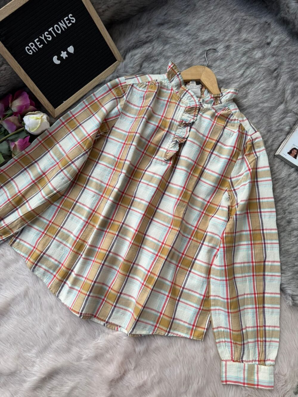 Women’s ruffle neck cream plaid blouse with red and orange check pattern