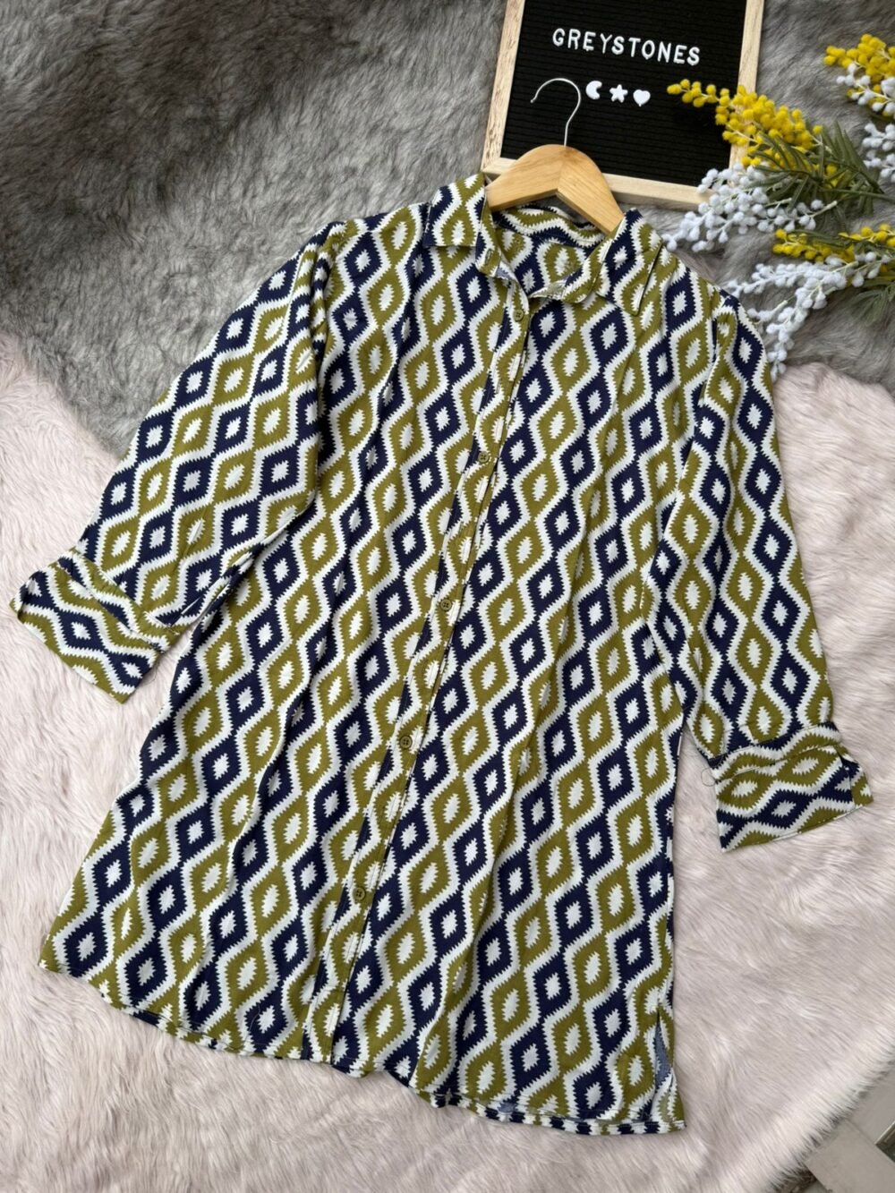 Olive Green & Navy Semi-Long Cotton Shirt with Bold Geometric Print