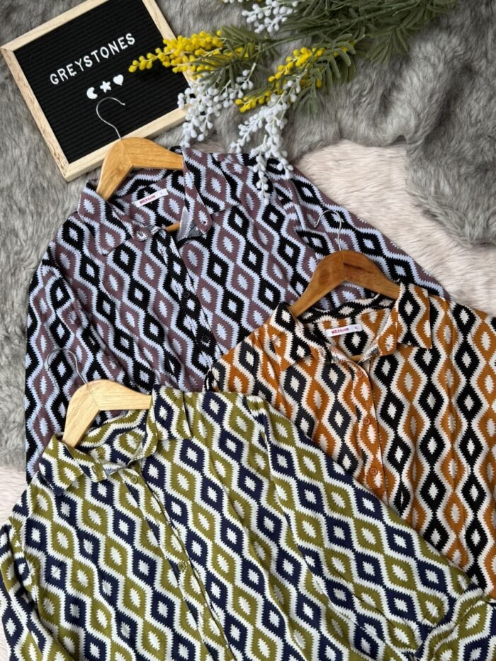 Semi-Long Cotton Shirt with Bold Geometric Print