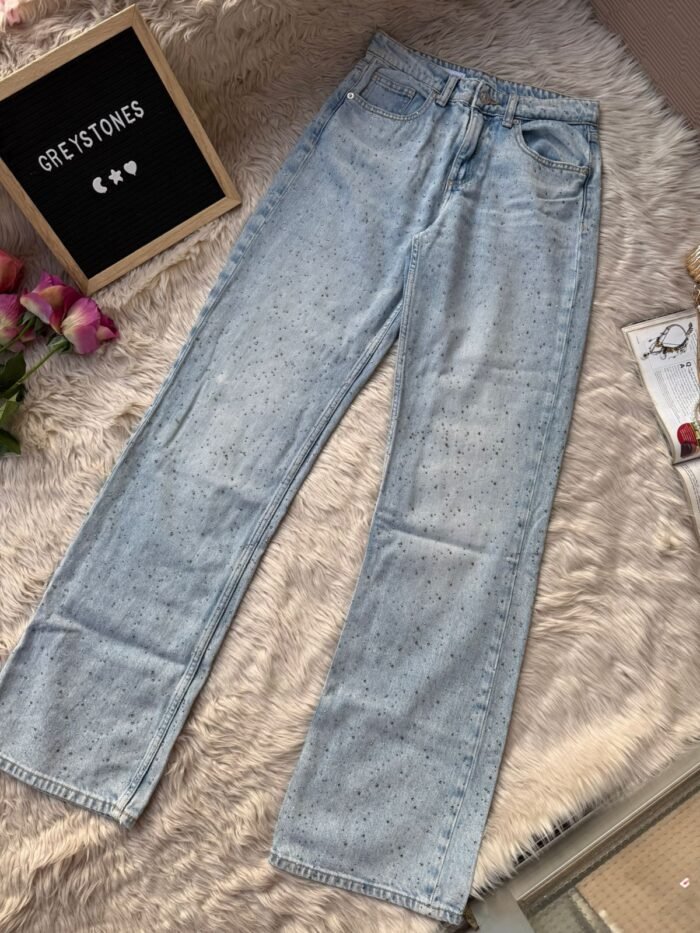 Stone-Detailed Light Blue Denim