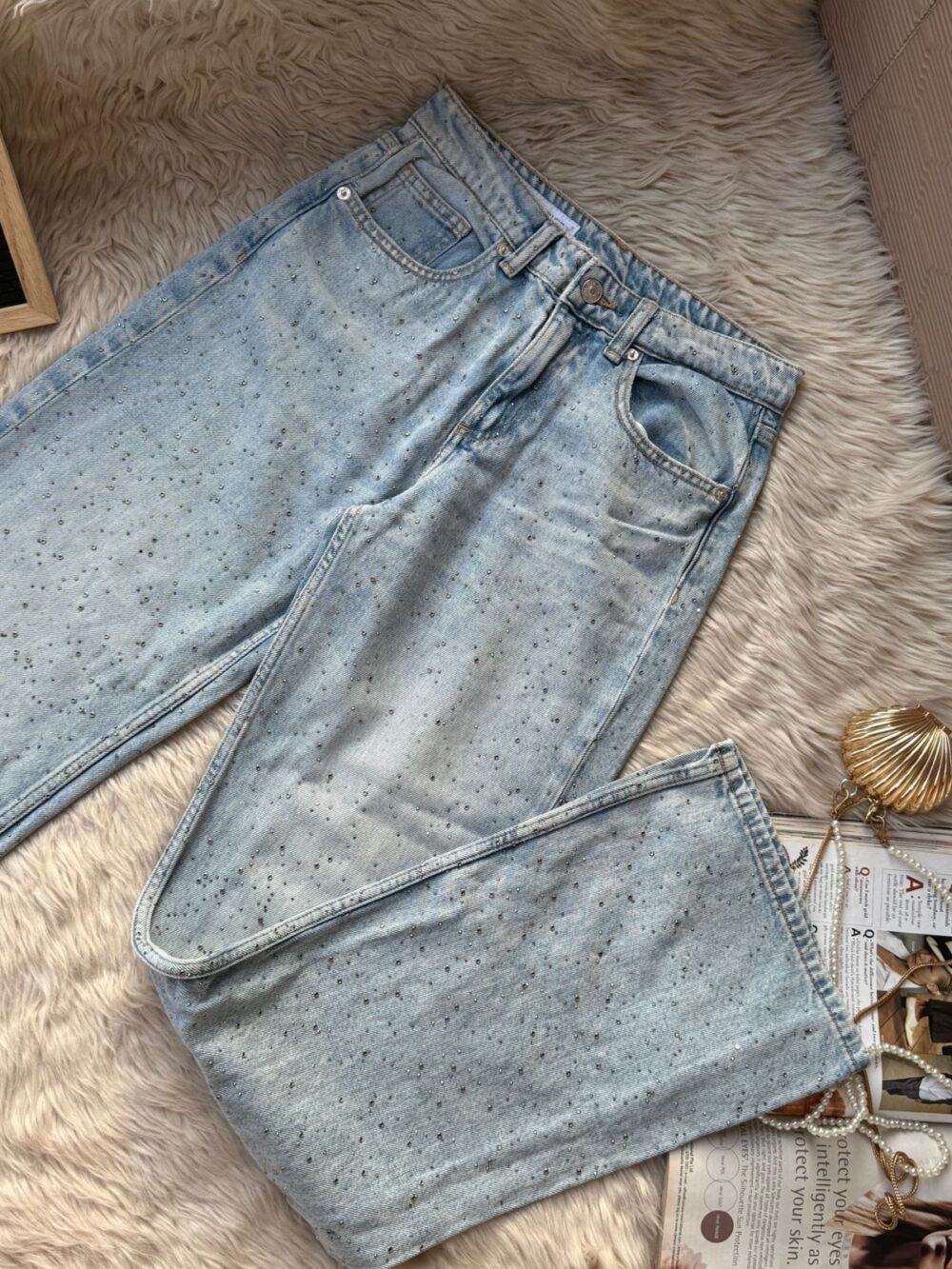 Stone-Detailed Light Blue Denim