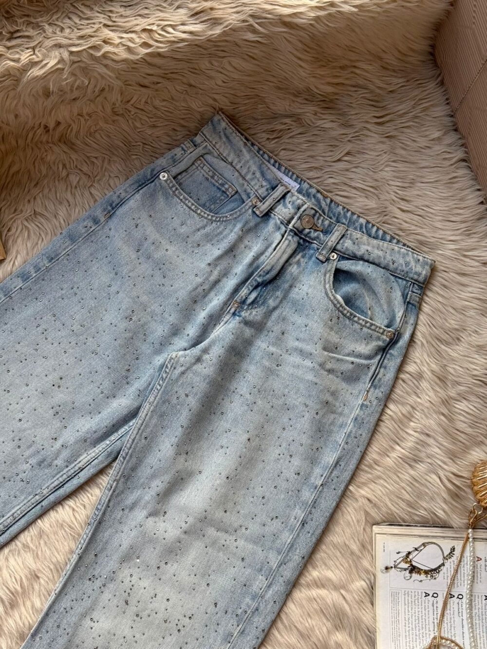 Stone-Detailed Light Blue Denim