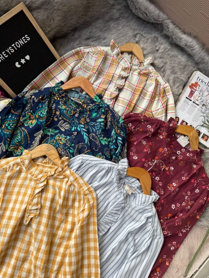 Women’s Ruffle Neck Blouses – Floral, Plaid & Striped Tops
