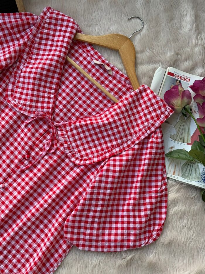 Red & White Gingham Check Puff Sleeve Top with Peter Pan Collar