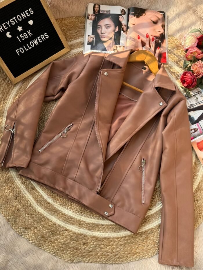 Premium Faux-Leather Moto Jackets - Latte, 38
