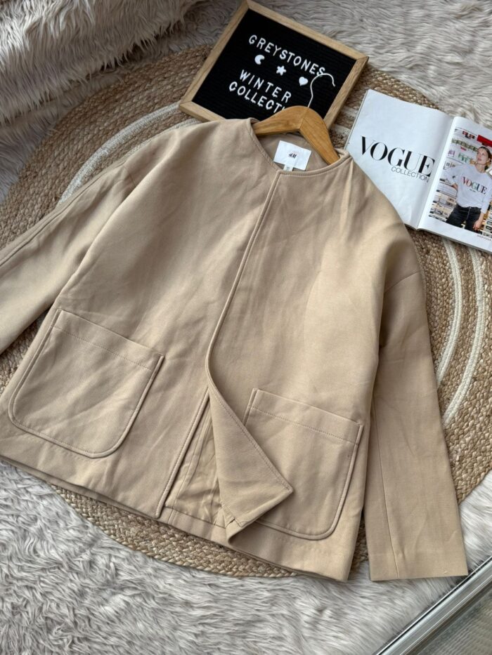 Premium semi-long modest winter coat in beige, drop-shoulder oversized style, minimal Korean fashion design for women