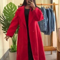 Red premium winter wool long overcoat for women with lapel collar and single button