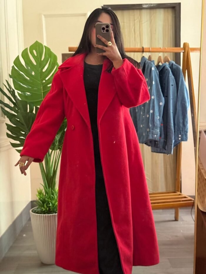 Red premium winter wool long overcoat for women with lapel collar and single button