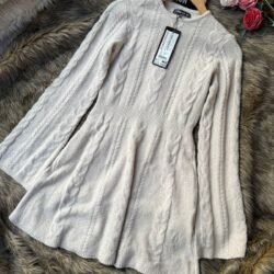 Beige cable knit long sleeve winter sweater dress with flared hem