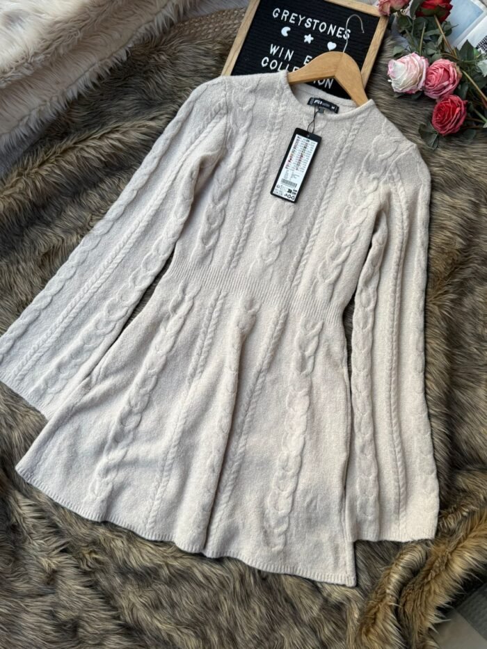 Beige cable knit long sleeve winter sweater dress with flared hem
