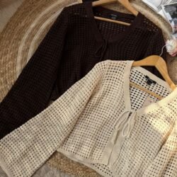 Open-knit crochet cardigans in cream and chocolate brown