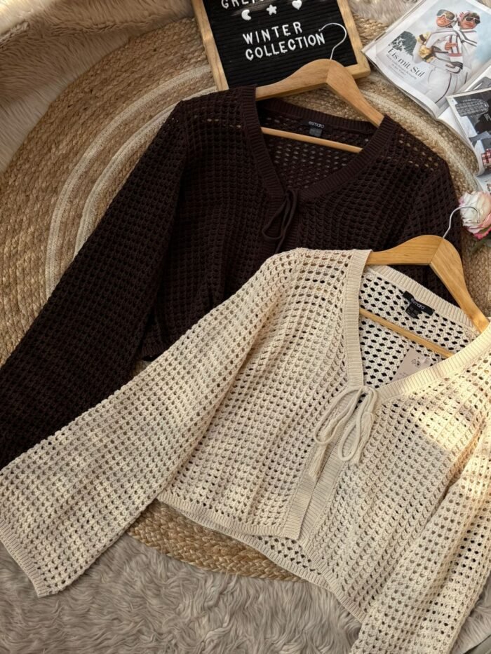Open-knit crochet cardigans in cream and chocolate brown